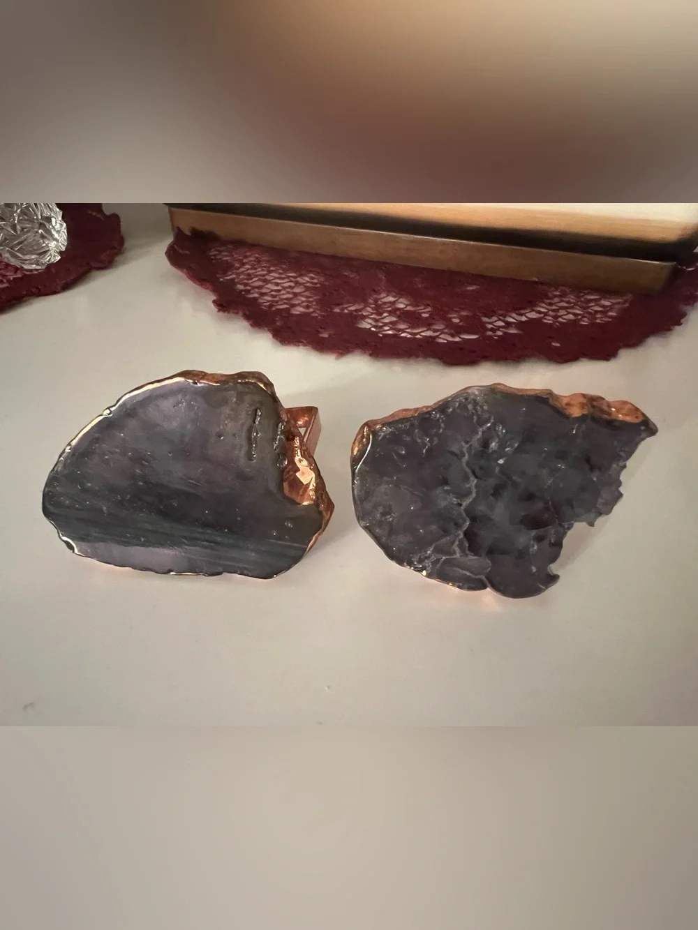 Copper Color Napkin Rings Agate Stone Natural Geode Rock Stone Mineral Set 2